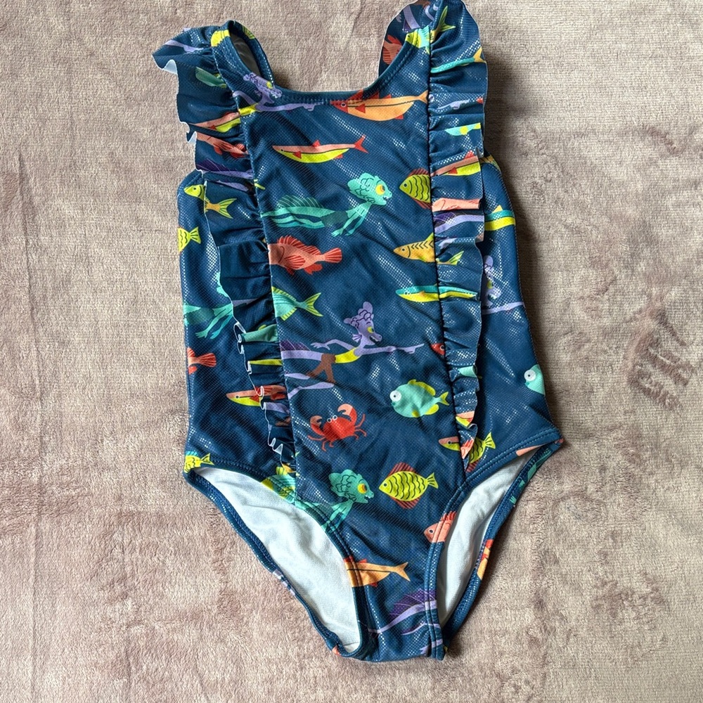 Disney Luca Girls Navy One-Piece Swimsuit with Colorful Fish Print and Ruffles